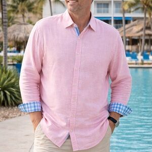Report Collection Light Pink Casual Linen Button Down Shirt. XXL